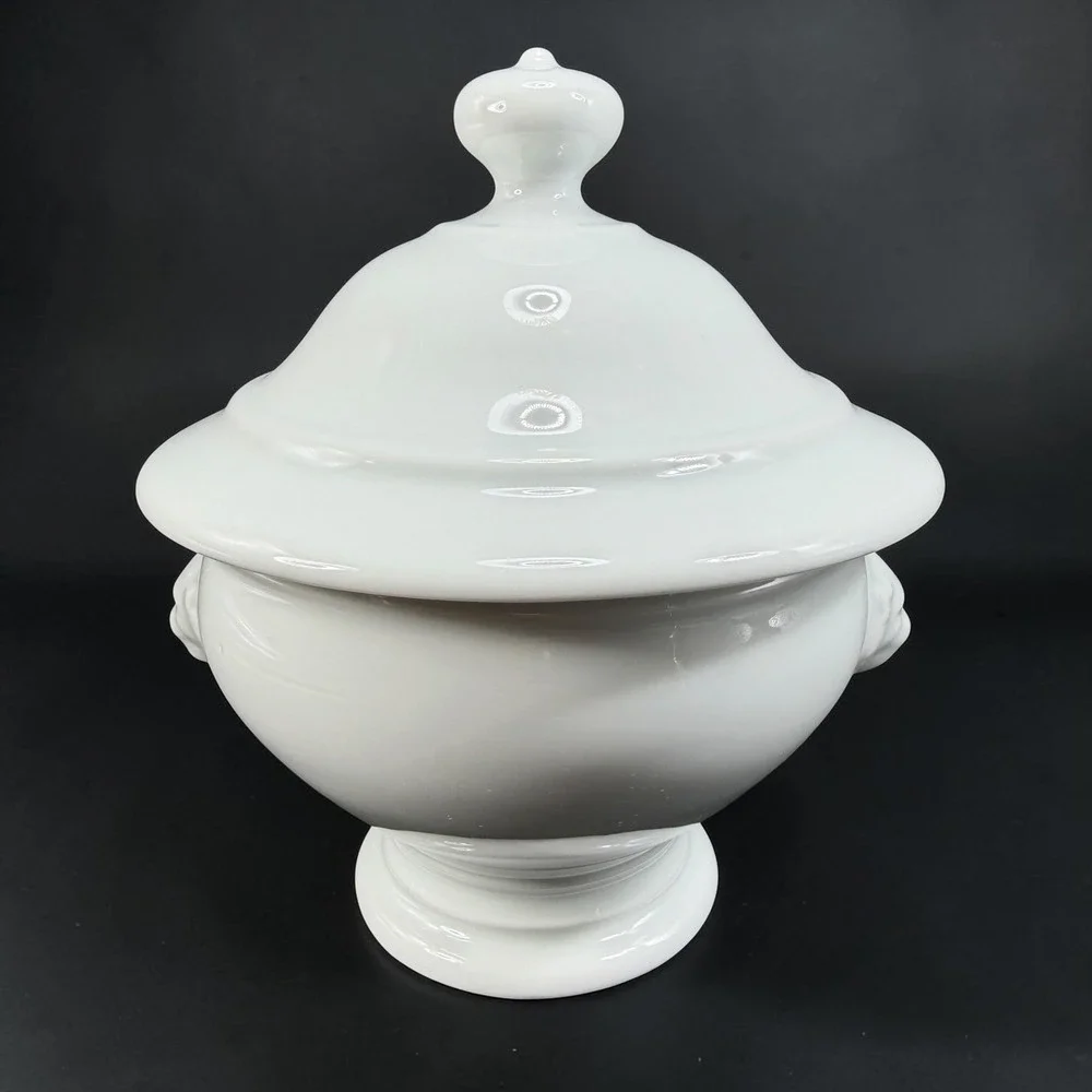 Apilco France White Porcelain Lion Head Dish w Lid Footed Bowl Container Jar